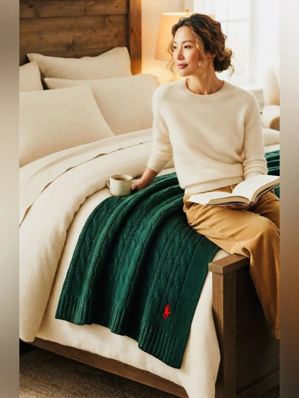 NEW❤️Ralph Lauren Cotton Forest Green Cable-Knit Blanket